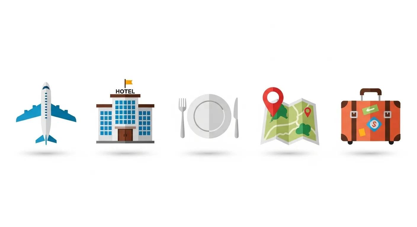 Ícones visuais representando transporte, hospedagem, alimentação, passeios e bagagem no planejamento de viagem
